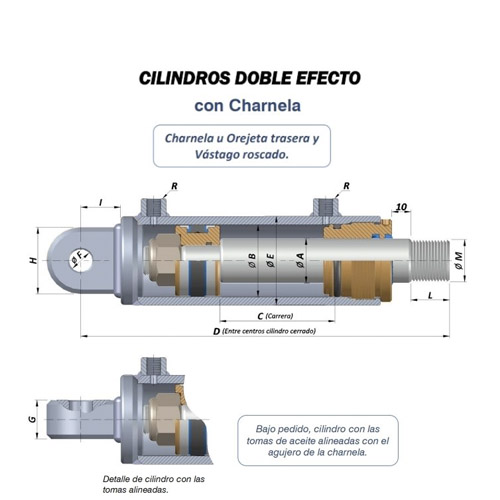 Cilindros hidráulicos MEHI de doble efecto con charnela u orejeta trasera y vástago roscado