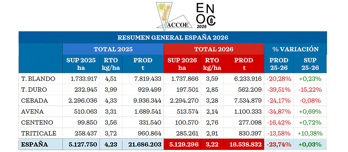 ACCOE estima una caída del 24% en la producción nacional de cereales de otoño-invierno para la campaña 2026/27